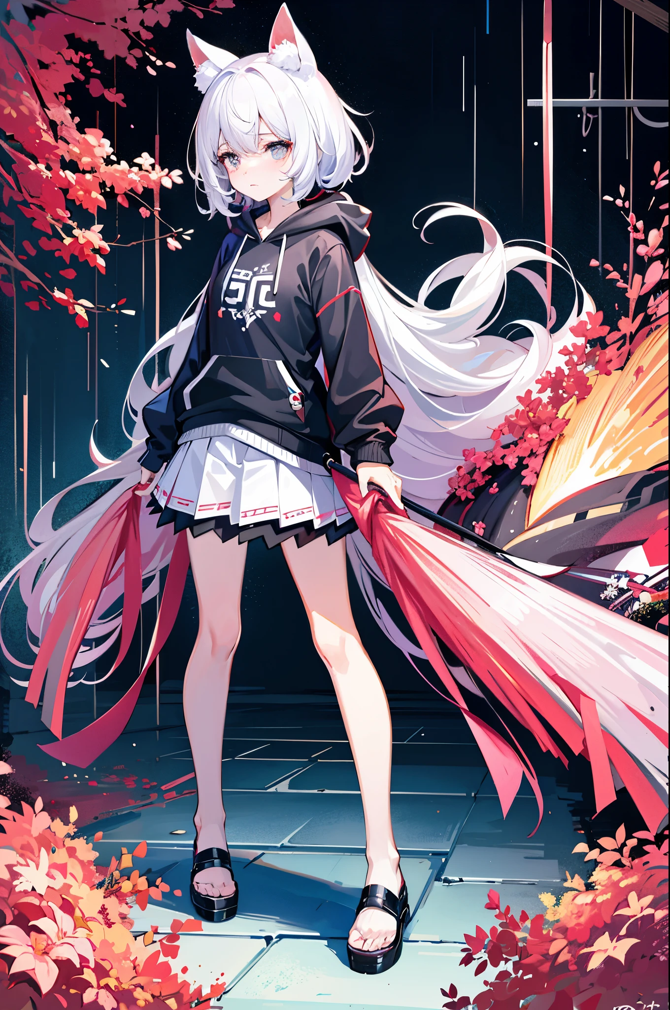 (tmasterpiece,best qualtiy:1.3),extremly high detail,complex,8k,独奏,Clear eyes,The expression is sad,the wallpaper,cinmatic lighting,hoody, Short pleated skirt, the street, exteriors,heavy rain, neonlight