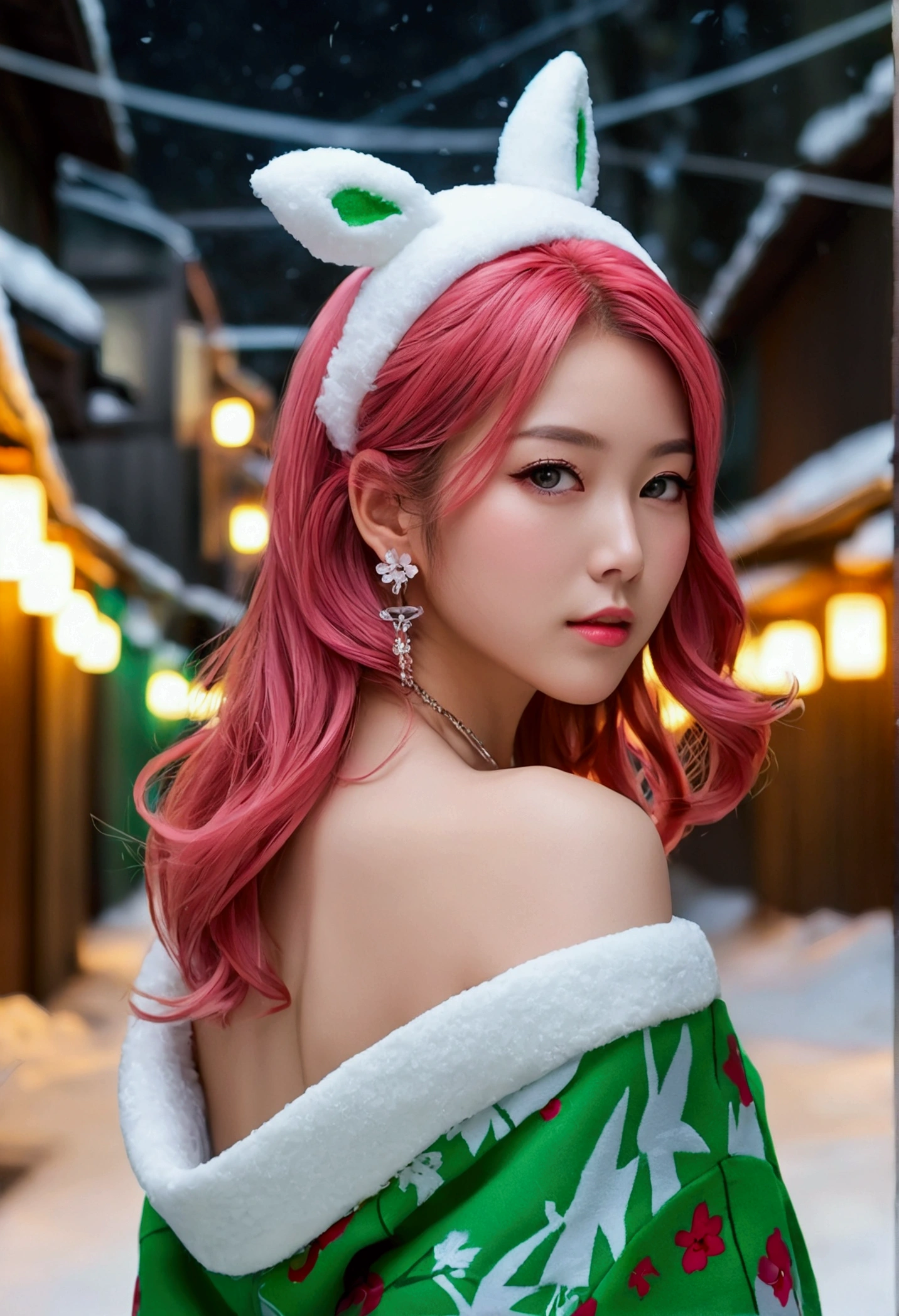 ((winter background)), ((Japanese snowy forest background)), (((Glowing background))), (Look Back, (Back), Ass Focus, In front of the forehead,:1.2), (masterpiece, Excellent, 1 Girl, Solitary, Intricate details, Chromatic Aberration), realism, ((Moderate breathing)), Off-shoulder, Large Breasts, Sexy, Yae Yoshiko, Pink long hair, Red headdress, Red Highlight, Hair above one eye, Green Eyes, earrings, Sharp eyes, Perfectly symmetrical graphics, Necklace, Neon shirt, Cardigan jacket, turtleneck sweater, Graffiti, Dim Lights, alley, Looking at the audience, ((meaning is, Tempting, charming)), chiffon, nakedOff-shoulder膀, blooming flower field, Radiant Skin, A faint smile, Sexy, Break, No breast coverage, naked, Lift your butt, Abdominal appearance