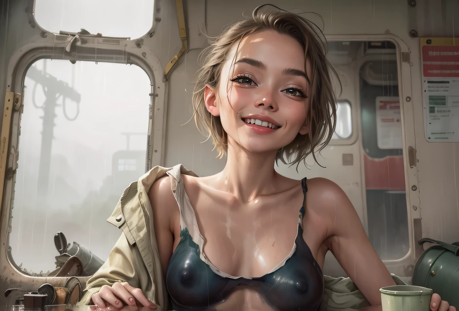 masterpiece, best quality, 1girl, (closeup), 18yo teen, slim, small breast, ((naked breast)), nipple, open green raincoat, sitting, in abandoned train, hugging, lode, smile, heavy rain, downpour, flood, wasteland, grey, desolate, rain, dark, watercolor, ((small breasts:1.4)), ((flat cheast)), ((topless:1.3))