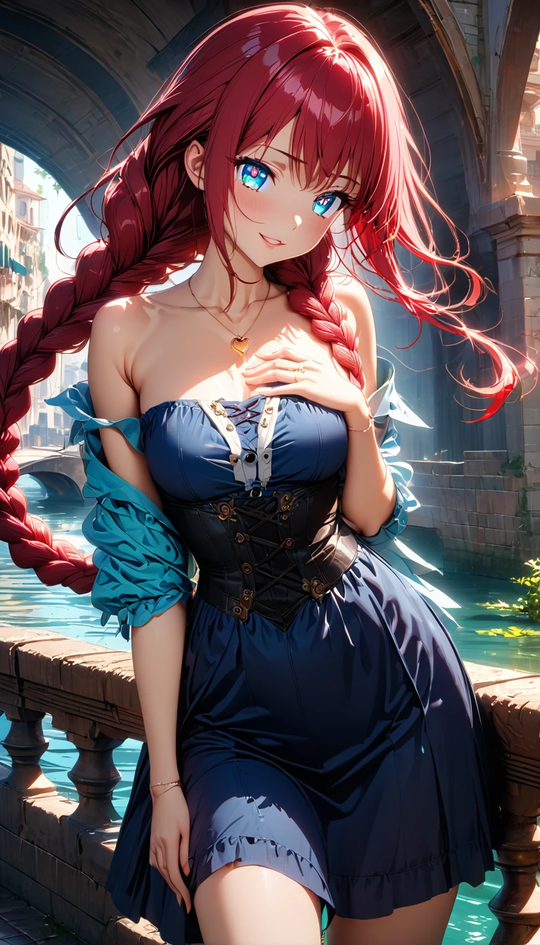 (highest quality:1.4), Very detailed, 8K, Vibrant, Best aesthetics, Accurate, (masterpiece:1.4),
BREAK 
(profile, Cowboy Shot:1.2), 1 beautiful girl, 18yo, small face, beautiful detailed face, narrow waist, The beauty and danger of growing from a girl to an adult, A symbol of miraculous beauty, Graceful posture, sensual, bewitching woman,  (cleavage), (coral red hair, shiny hair, A long single braid of hair flowing from the shoulder to the front, Swept bangs:1.5),
BREAK 
(Deep Blue Dress, off shoulder, Strapless dress, Sleeveless:1.4), (small teardrop-shaped earrings made of blue sapphire:1.5), 
BREAK 
(A fantasy world cityscape:1.4), sunny afternoon, A city resembling Venice with canals, (Leaning against the railing of a bridge over a large river), Bright lighting, Beautiful world, Blown by the gentle wind, Soft sunlight that induces afternoon drowsiness, looking side glance, (left hand on own chest, five fingers:1.2), (vivid yellow eyes:1.4), Slit Pupils, beautiful detailed eyes, long delicate eyelashes, Meticulous Eyelash Details, (A golden heart-shaped pendant made of gold:1.4), 
BREAK 
(hot gaze, heart-shaped lips, beautiful detailed lips, Glossy, Open Mouth, Leaking sigh), seductive smile,