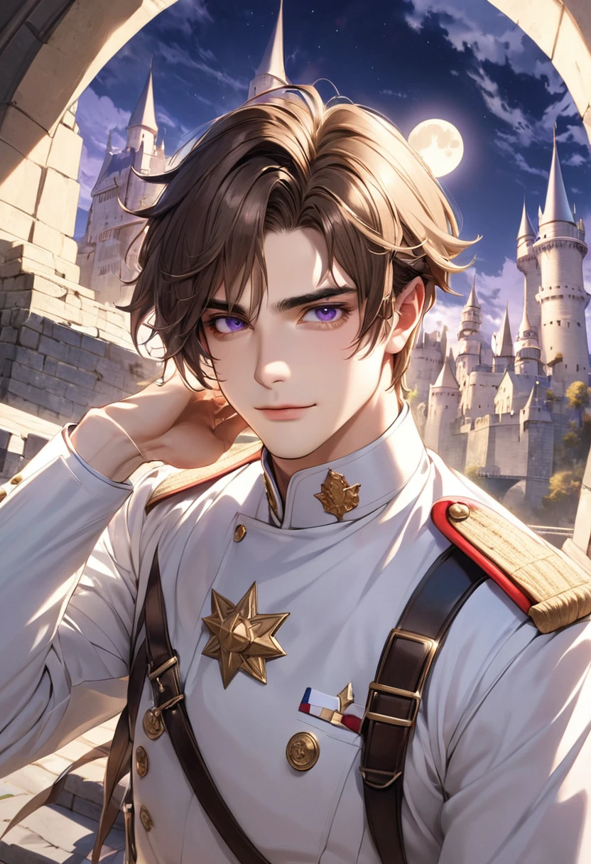1 male Long bangs that cover the forehead Brown hair and eyebrows Purple Eyes White military uniform Castle and full moon