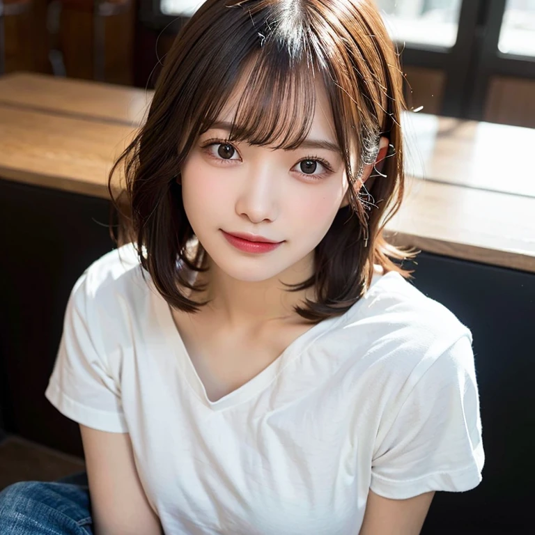 (Highest quality, 8k, 32K, Masseter muscle area, Hmph:1.2), profile, (Slim figure:1.2), (Lips) , double eyelid, Glowing Skin, Realistic Layer, Beautiful Face, (smile:1.3), (short hair:1.4), Blurred Background, (Front Focus), (dark: 1.6), 1 girl, Fantasy art, Photorealistic, Professional Lighting, Highly detailed face, Deep Shadow, crouching down, (From above:1.2), (a closeup:1.4), pov, Loose-fitting white t-shirt, in a casual, chicoutfit, seated at a cozy cafe', foucus on her relaxed posture and the ambient light highlitng her face