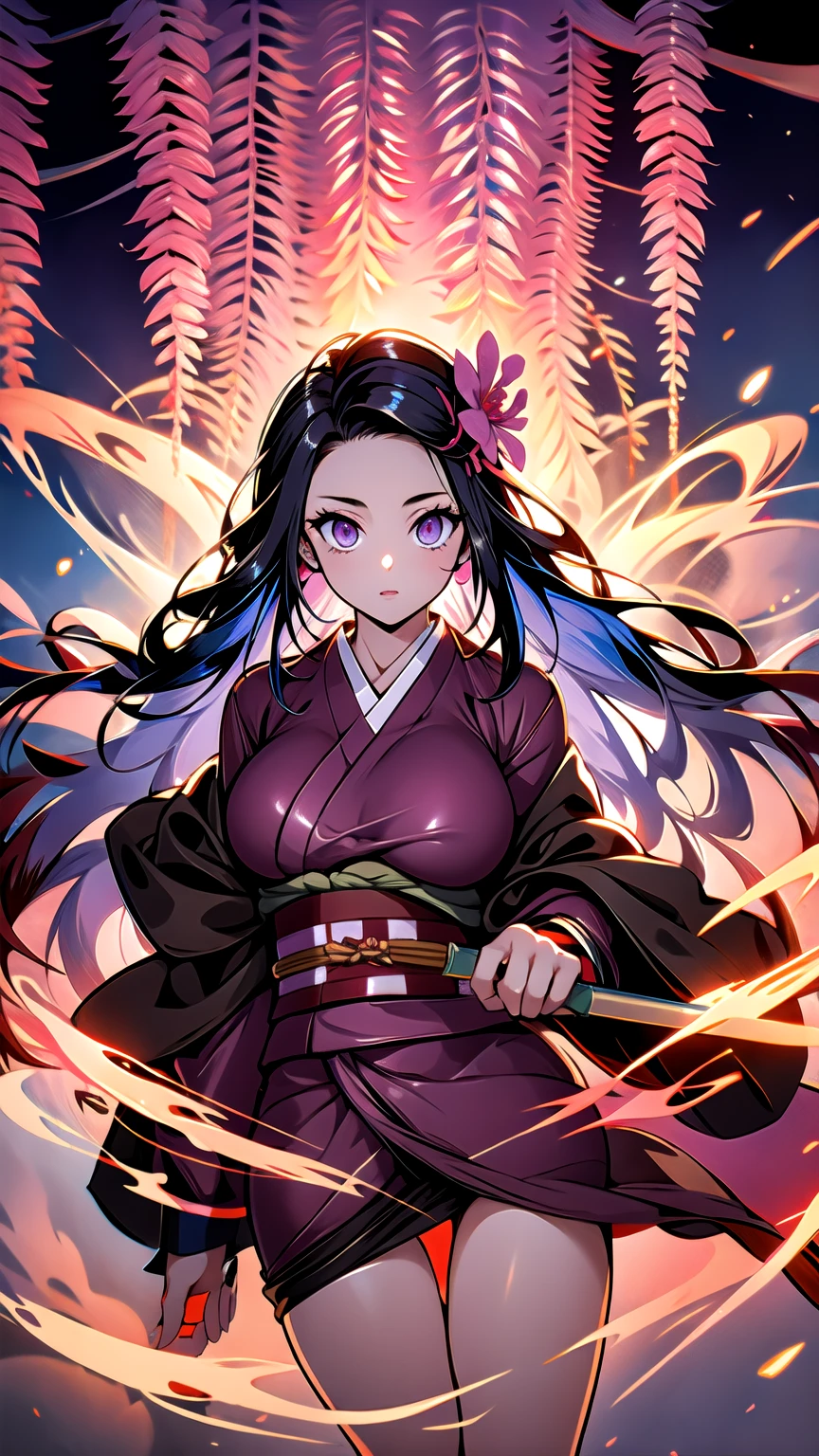 (Highest quality),(masterpiece), 8k,Very detailed, Detailed light, Best Shadow,Detailed reflective eyes, Beautiful Eyes, Very detailedな顔,Shiny Hair,sexy,Big Breasts,Charm,One person,Gloss,nezuko,Demon slayer,kimono,Black Hair,Wisteria flower,Charm,Expressionless,looking at the camera,Standing posture,Glowing Eyes,From above,night,