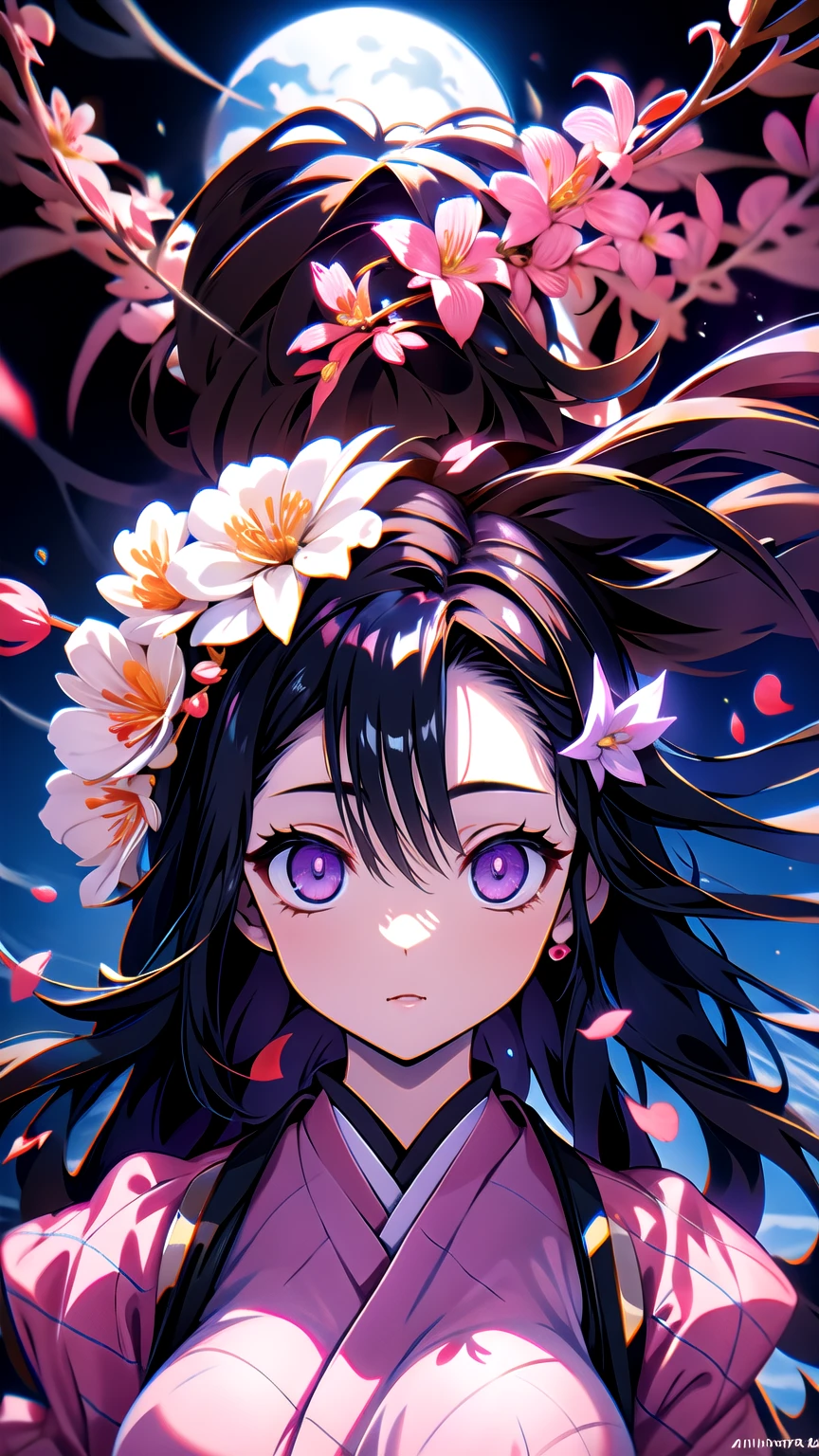 (Highest quality),(masterpiece), 8k,Very detailed, Detailed light, Best Shadow,Detailed reflective eyes, Beautiful Eyes, Very detailedな顔,Shiny Hair,sexy,Big Breasts,Charm,One person,Gloss,nezuko,Demon slayer,kimono,Black Hair,Wisteria flower,Charm,Expressionless,looking at the camera,Standing posture,Glowing Eyes,From above,night,