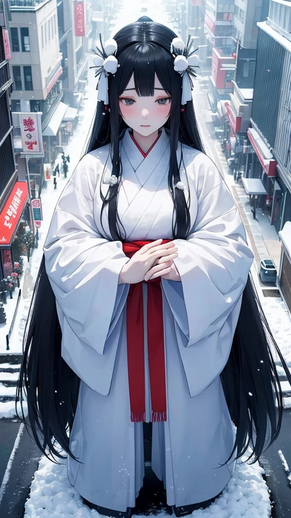 Top view　((A giant Yuki-onna stands on the road))　((A girl breathing white breath))　　　((Snow-covered city))　((giant girl))　kimonoの女の巨人　kimono　Black Hair　Long Hair　Miniature cities　Model City　heavy snow　　Snowfall　((It&#39;s snowing with a strong wind)) 　((Snowfall))　((Gloomy cloudy sky))　　Black Hair　Beauty　Metropolis　