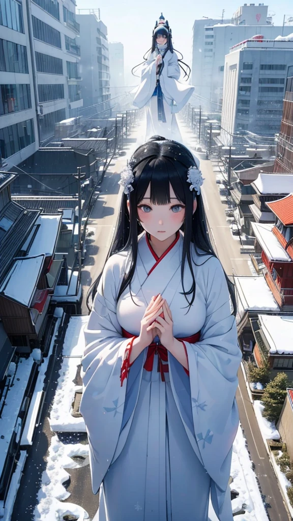 Top view ((A giant Yuki-onna stands on the road)) ((A girl breathing white breath)) ((Snow-covered city)) ((giant girl)) kimonoの女の巨人 kimono Black Hair Long Hair Miniature cities Model City heavy snow Snowfall ((It's snowing with a strong wind)) ((Snowfall)) ((Gloomy cloudy sky)) Black Hair Beauty Metropolis