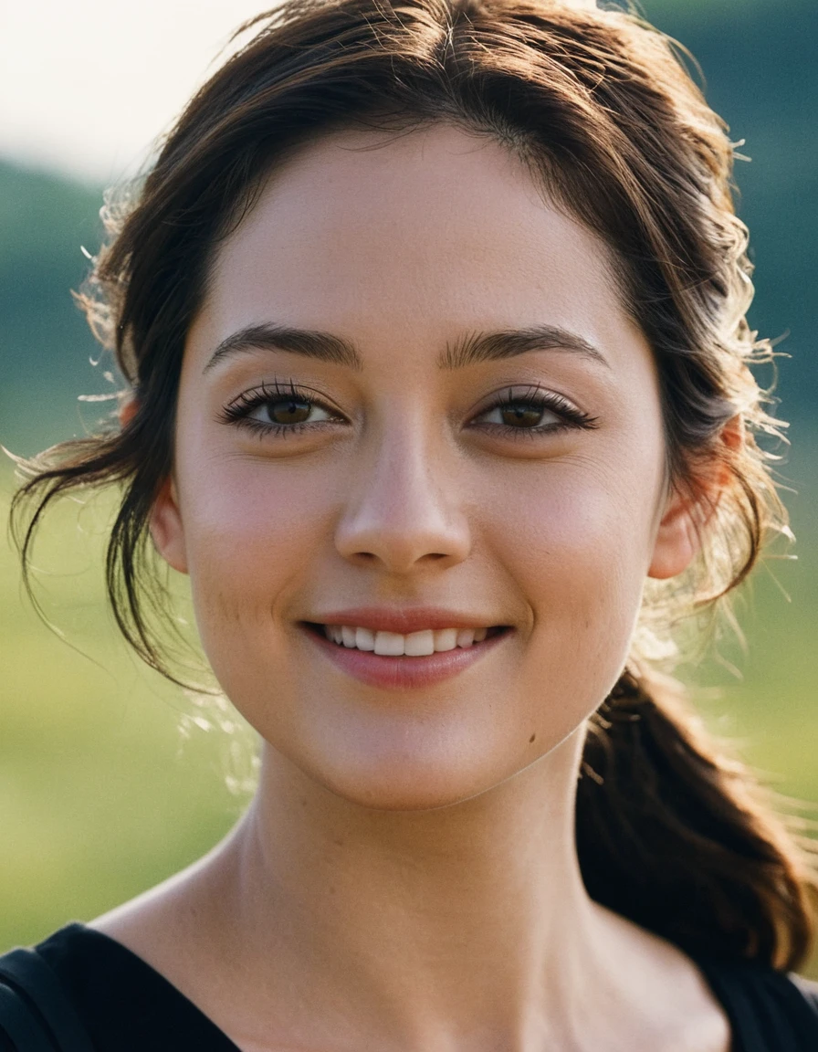 Upper body of a beautiful cute long face Japanese girl, happy smiling, still from the film, ((young Marion Cotillard face : 1.0)), ((young Anne Hathaway face: 0.9)), side shot, portrait photo of a cute 25 y.o woman, looks at viewer, full lips, natural skin, skin moles, stormy weather, (cinematic, film grain:1.1), ((asian winged eyes, very long and slender face, windy tousled, long straight black ponytail, cropped top)), Leica SL3, Summicron-SL 75mm ASPH, F/2, (cinematic still:1.2) Kodak Gold 200 film, bokeh, rim lighting, silhouette, shallowed depth of field, dynamic hands up,