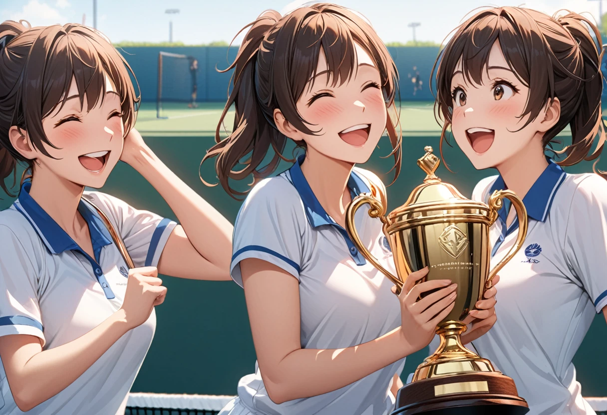 ((Masterpiece, top quality, high resolution, highly detailed CG unified 8K wallpaper)), solo, araffe woman kissing a trophy on a tennis court, wining, medium detail, (expressions of joy and excitement, smile:1.3), celebrating, in detail, detail, best shot,