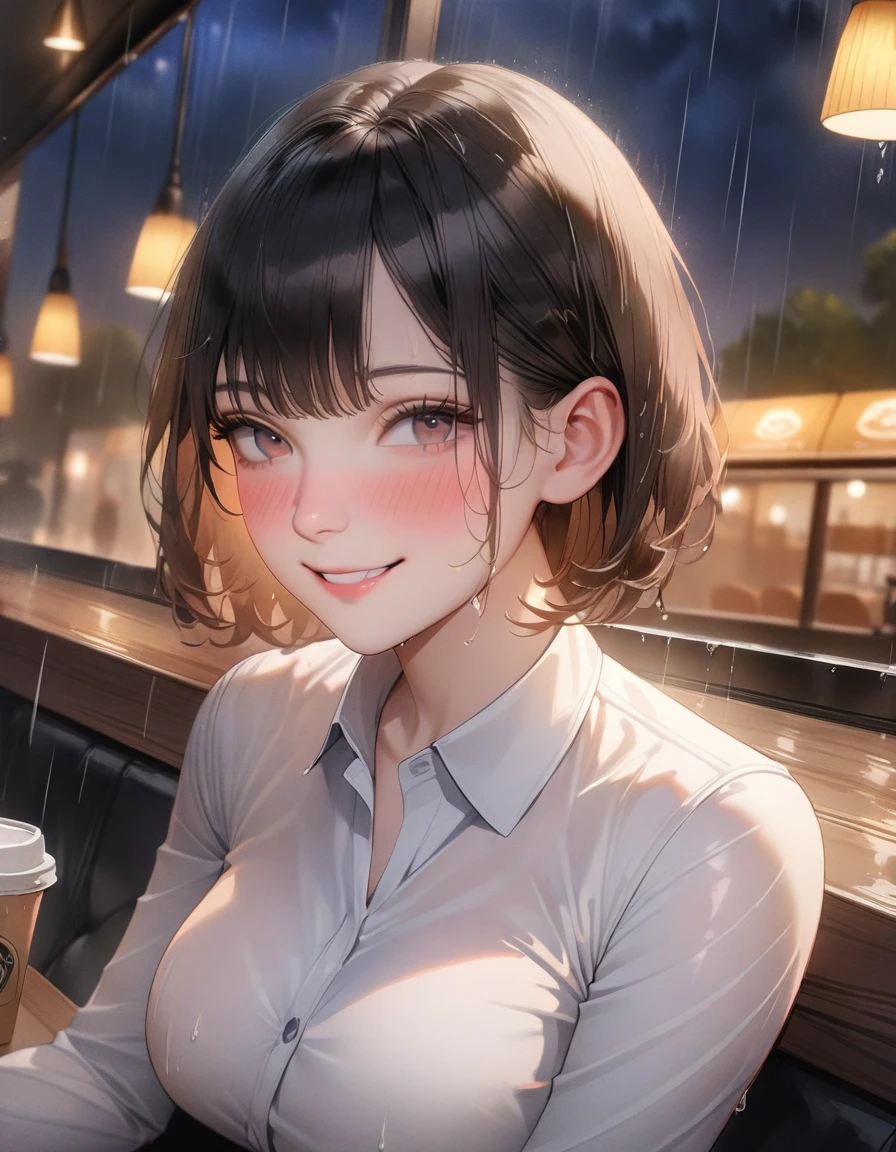 (8k, best quality, masterpiece: 1.2), (actual, Realistic: 1.37), Super detailed, 1 girl, Cute, alone, beautiful detailed sky, Detail of cafe, night, sitting, date, ( Nose blush), (Smile: 1.15), (shut up) Large Breasts, Beautiful details, (Collared shirt: 1.1), night, wet, Professional attire, rain, White lace, (short hair: 1.2), Flowing HairNovaFrogStyle,