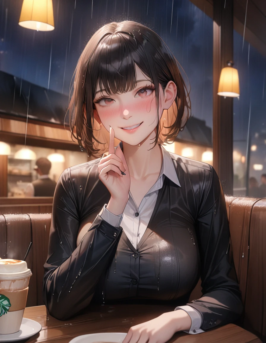 (8k, best quality, masterpiece: 1.2), (actual, Realistic: 1.37), Super detailed, 1 girl, Cute, alone, beautiful detailed sky, Detail of cafe, night, sitting, date, ( Nose blush), (Smile: 1.15), (shut up) Large Breasts, Beautiful details, (Collared shirt: 1.1), night, wet, Professional attire, rain, White lace, (short hair: 1.2), Flowing HairNovaFrogStyle,