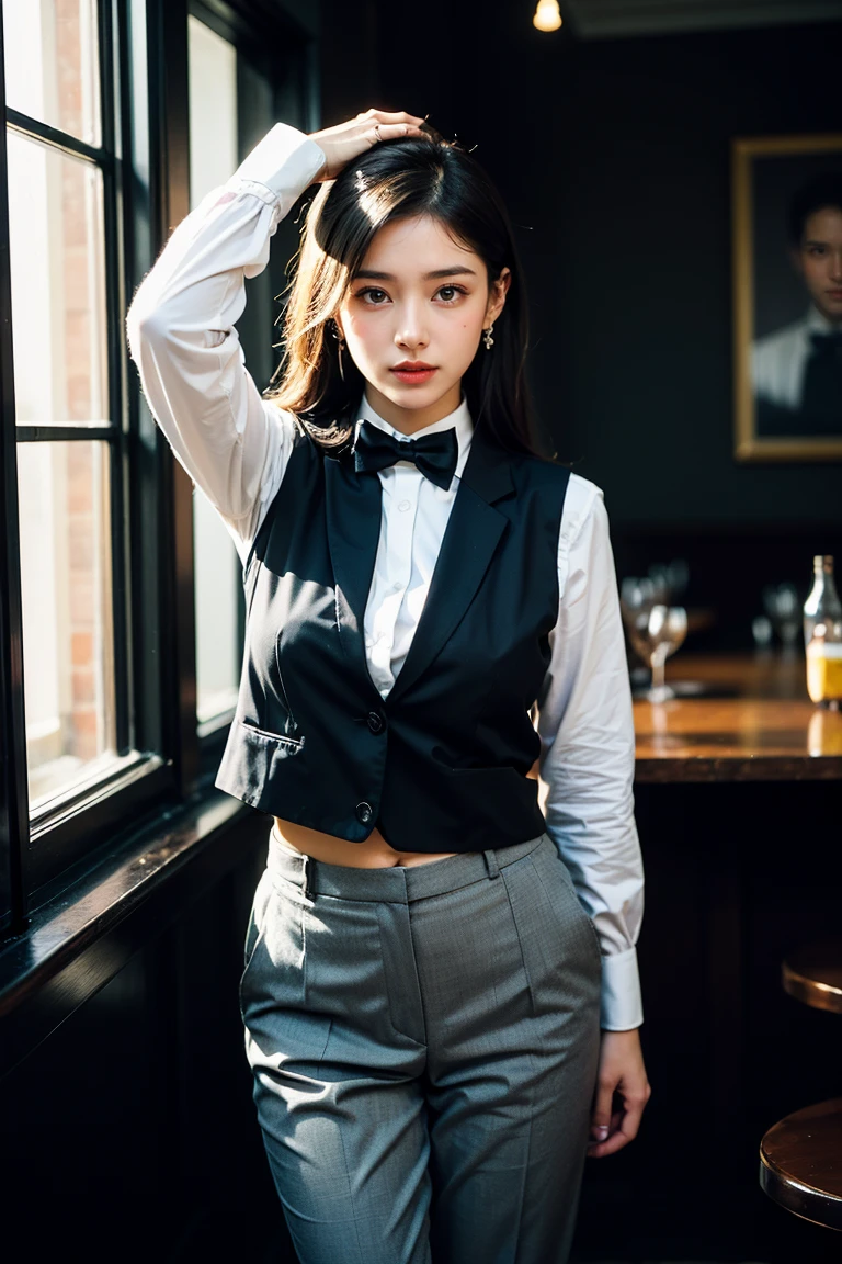 Maintain face image、height: 170cm, 30 years old、Pale face and eyes:1.3、Very narrow face and eyes:1.3, (Swollen eyes:1.5)、{Highest quality}, {{masterpiece}}, {Very delicate and beautiful}, Excellent light and shadow, Highly detailed wallpaper, clear 、1 girl, blush, Short Bob Hair,( (black and white theme:1.4), (bar-maid:1.2), (Wearing a black cummer vest with an open neckline over a white long-sleeved collared shirt with bow tie:1.4), (black bow tie:1.2), (cummer-vest:1.1), (button-up:1.3), (black slacks pants with narrow waist:1.3), (Attach a name tag to vest:1.2), (dress shoes:1.2),Put your hands behind your head and expose your armpits、Supermodel Legs、High heels)、 Delicate hair, (Realistic skin texture:1.3), Saggy breasts, Cleavage、or noticeable wrinkles on the skin., B cup, Broad shoulders, ((Dynamic model posing)), necklace、ring、earrings、smile、(Front Focus), (In the Dark:1.6), Surrealist female portraits by David Hockney and Alphonse Mucha, Fantasy art, Photorealistic, Dynamic Lighting, Art Station, Poster, Volumetric Lighting, Highly detailed face, 4K, Awards, 1 girl, In the Dark, Deep Shadow, Inconspicuous key, Long Hair, color々angle, color々Performance、Inside a bar in Shibuya