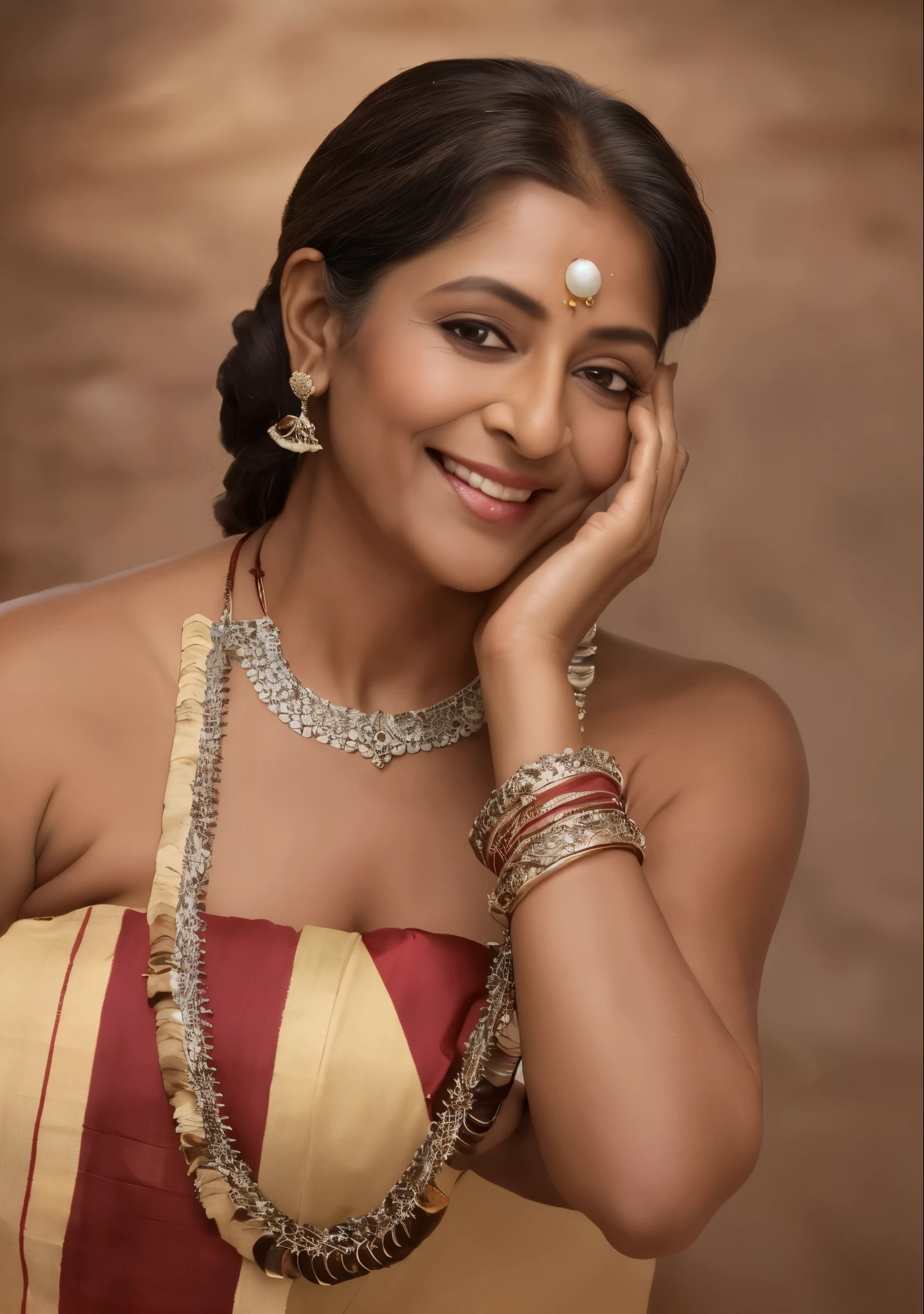 an elderly woman in, age 65, Solo, traditional Indian attire, brown skin, long silver hair, wrinkles adorning her face, bright, almond-shaped eyes framed by thick eyelashes, jewelry adorned with intricate silver handicrafts, full-length saree, body painted with delicate henna designs, bare shoulders revealing the wisdom of age, off shoulders revealing a glimpse of the golden skin beneath, traditional Indian blouse, realistic yet filled with the charm of age, a hint of a soft smile playing on her lips, captivating, the essence of beauty from within, timeless, exuding grace and elegance.