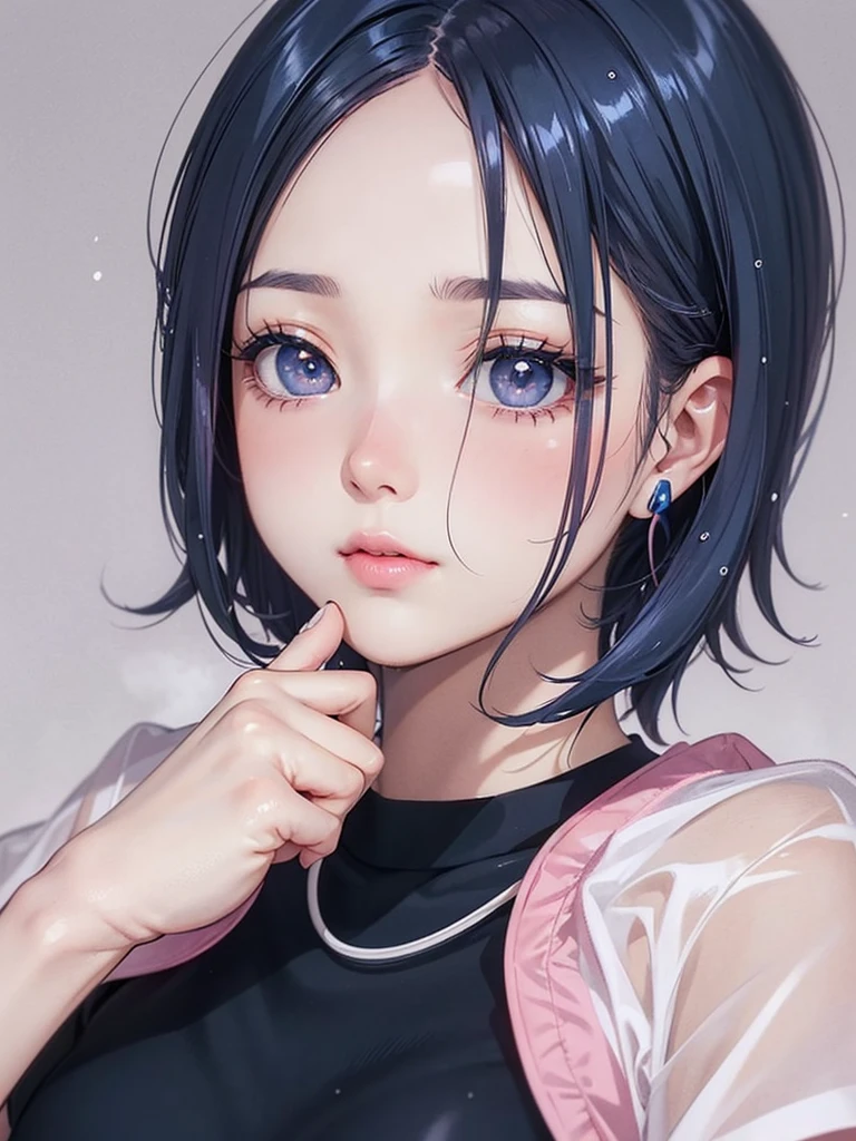 Beauty, High nose, Long eyelashes, 目にLight, Pink Lips, Closed Mouth, blue, Light, Fluttering Hair,Big eyes, Inner color hair, turn around, Get wet, short hair, cute, 30 years old, glossy, charm, Real, null,Big white t-shirt, Gray Hair,headphone