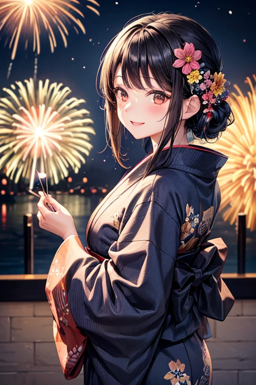 One adult woman,Small ,Black Hair,Medium Long,flower_hair ornaments,Dark brown eyes,light blue_yukata,flower柄_yukata,night,firework,blush,A big smile,Hands outstretched