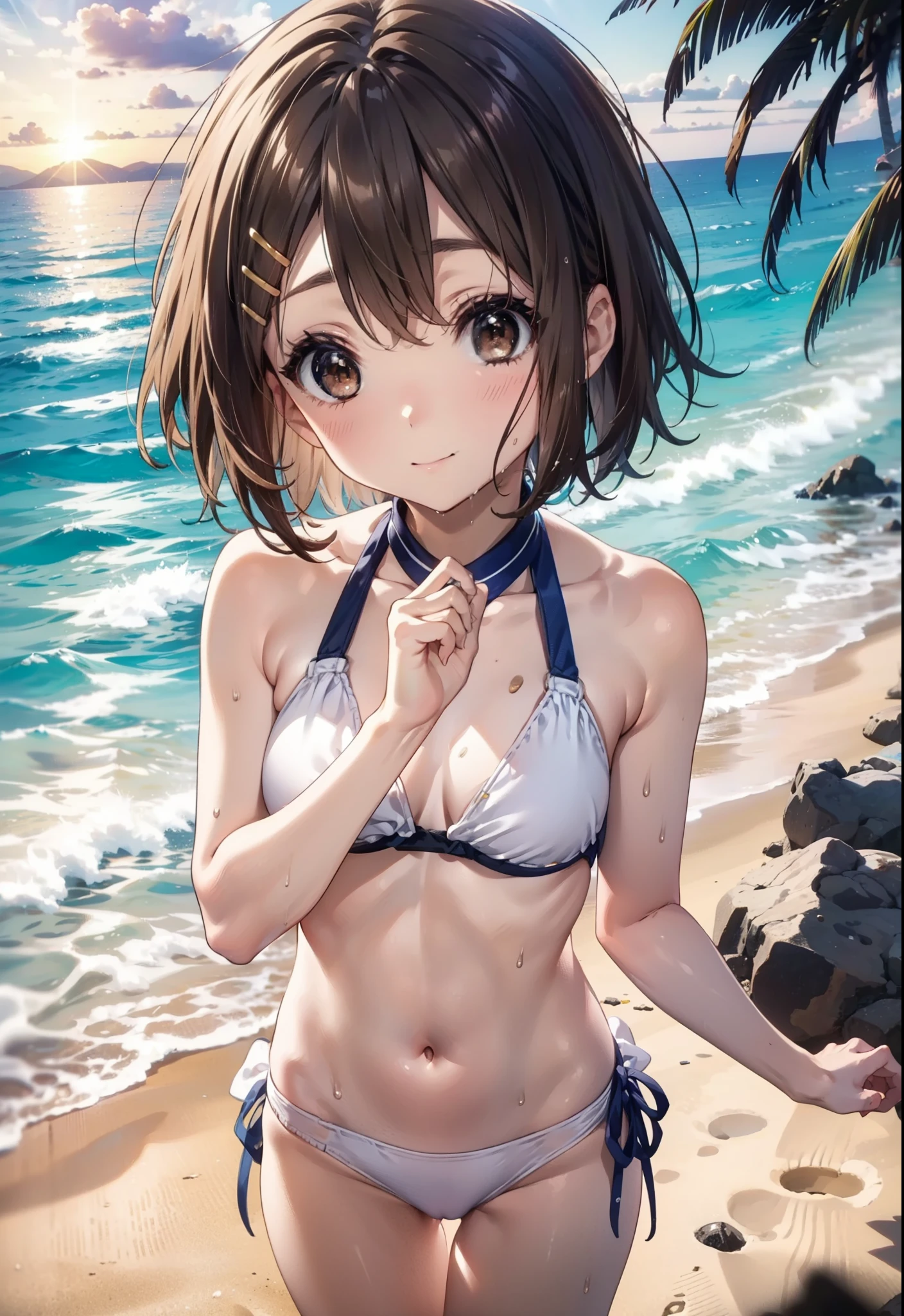 yuihirasawa, Yui Hirasawa, short hair, Brown Hair, hair ornaments, (Brown eyes:1.5), Hair Clip,smile,blush,White Bikini Swimsuit,barefoot,Wet Skin,Wet Hair,Wet swimsuit,sunset,evening,The sun is setting,Strolling on the sandy beach,whole bodyがイラストに入るように,
break oitdoors, Beach,
break looking at viewer, whole body,
break (masterpiece:1.2), Highest quality, High resolution, unity 8k wallpaper, (figure:0.8), (Beautiful attention to detail:1.6), Highly detailed face, Perfect lighting, Highly detailed CG, (Perfect hands, Perfect Anatomy),