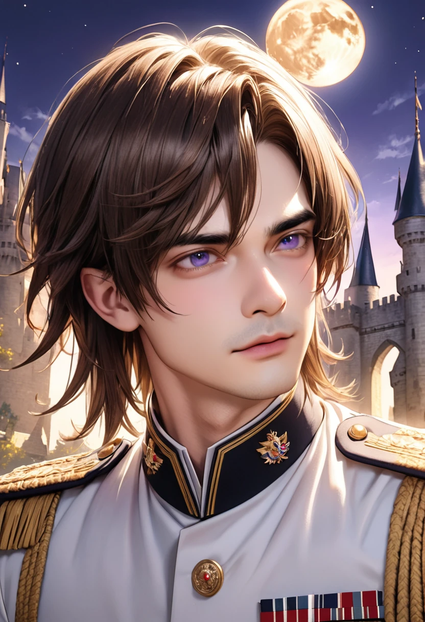 1 male　Long bangs down　Brown hair and eyebrows　Purple Eyes　White military uniform　Castle and full moon