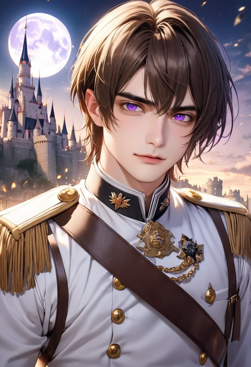 1 male Long bangs down Brown hair and eyebrows Purple Eyes White military uniform Castle and full moon