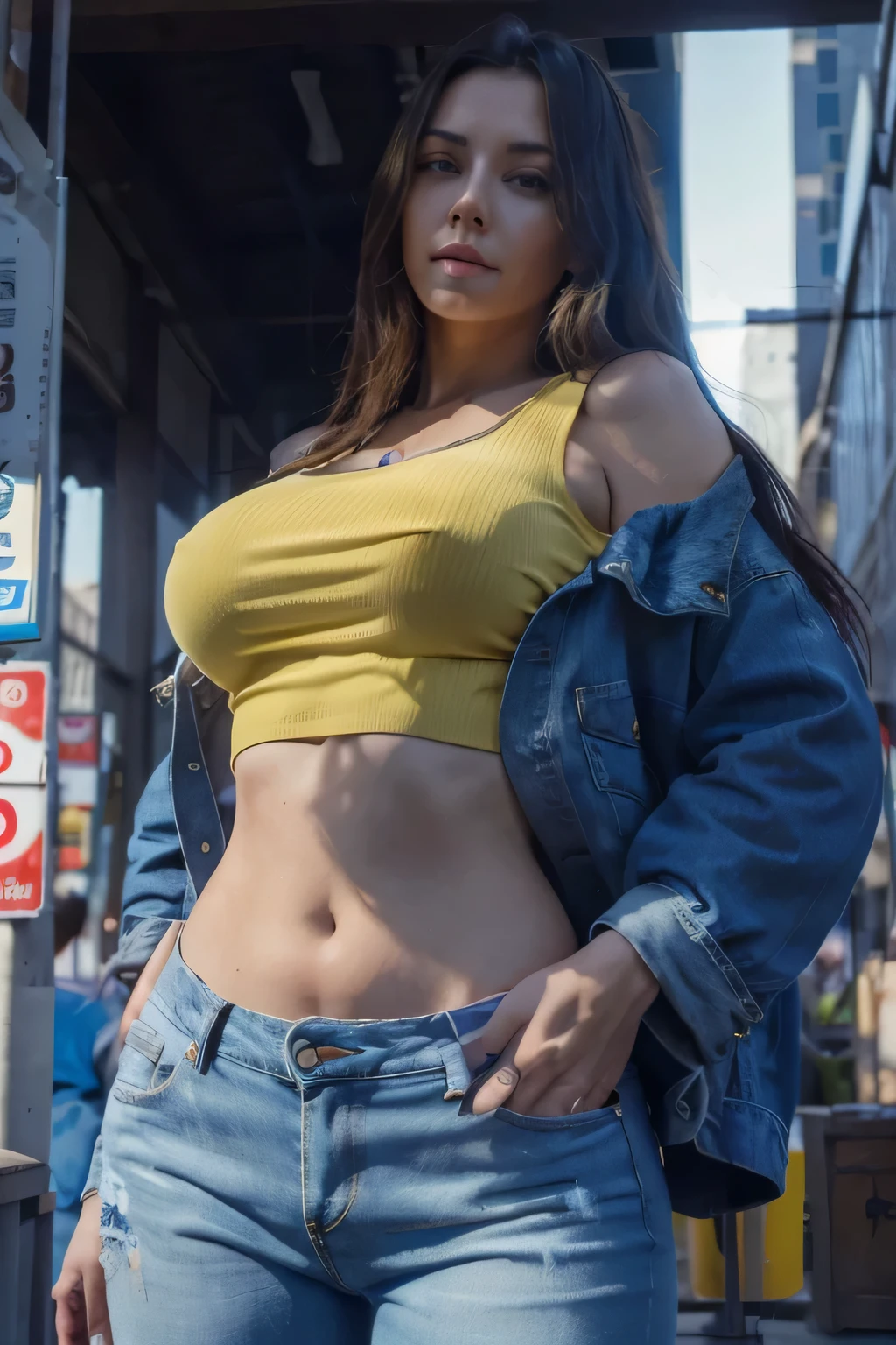 ((best quality)), ((masterpiece)), (detailed), 1girl, 30 yo, big breast, big tits, boa hancock, crop top, yellow top, denim jeans, ultra realistic