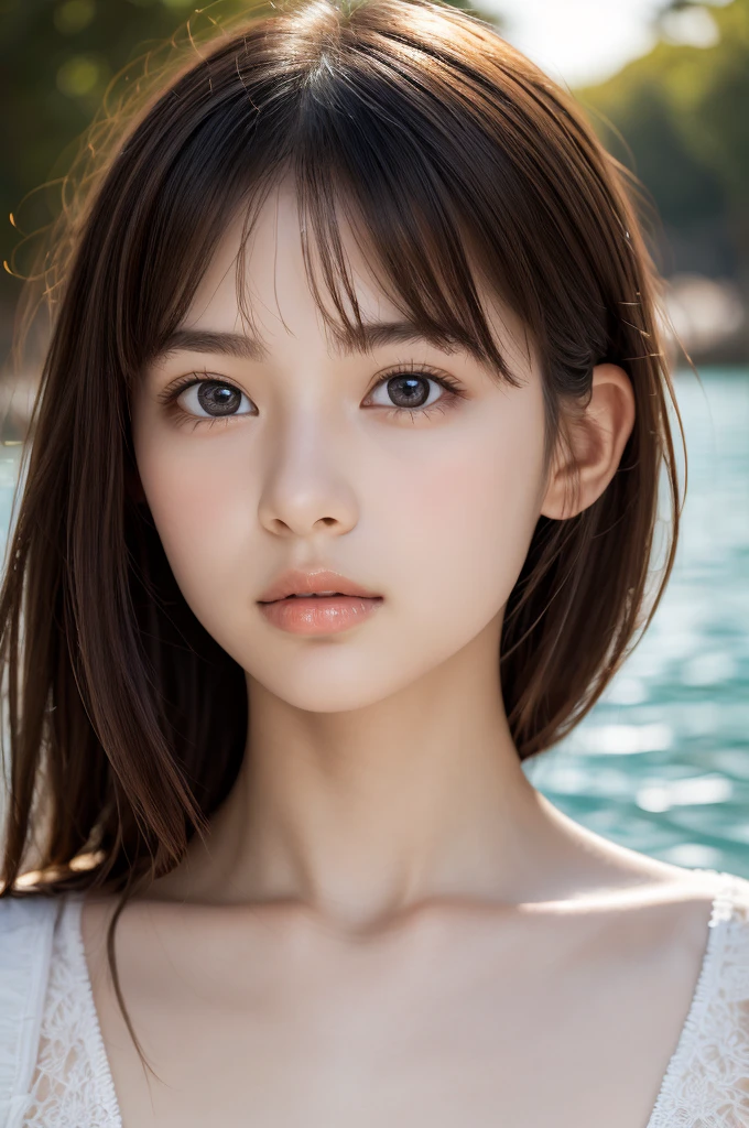 One Girl,(1人のとてもcute女の子:1.3),masterpiece,Highest quality,High resolution,From below,Low - Angle,Photorealistic,RAW Photos,Ray Tracing,Physically Based Rendering,beautiful girl,(15 years old:1.3),cute,Big eyes,(detailed pupils:1.2),(The face is facing straight ahead:1.3),Body facing forward,Beautiful nose,High nose,Upturned nose,Fuller lips,Short black hair,ponytail,short hair,Detailed eyelashes,Thin eyebrows,Very fine grain definition,(Symmetrical eyes,Golden Ratio:1.3),(Face close-up,Face Focus:1.0),Small breasts,Short neck,White swimsuit,White Bikini,The background is the sea,Southern Island,sunset,Sunset,Portrait,View Viewer,Upper Body,Cinema Lighting,High resolution,Very detailed