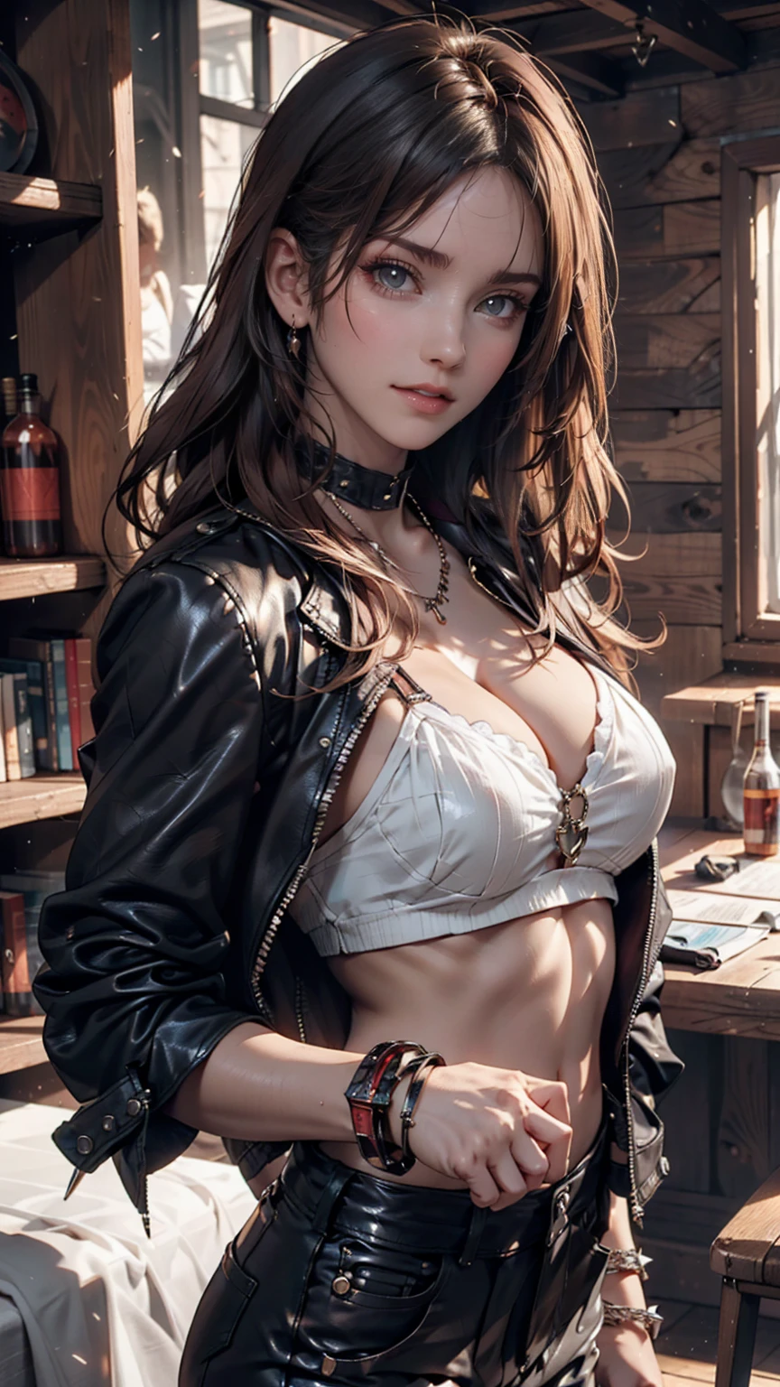 24-year-old girl wearing a collar、Heavy Metal Fashion、Bracelet with spikes、Leather jacket、Leather pants、Devil Makeup、Black lipstick、long hair、Straight Hair、the finger