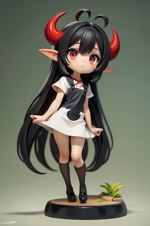 Young Girl,,Wearing a one-piece dress,Mini character,Red eyes,Black Hair,Long Hair,Dark atmosphere,Deformed character,Horns growing,Ahoge,
