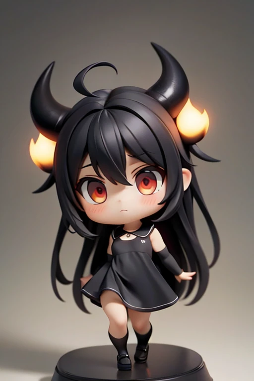 Young Girl,,Mini character,Red eyes,Black Hair,Long Hair,Dark atmosphere,Deformed character,Horns growing,Devil horns,Ahoge,Pale skin,eyes are half closed,Troubled face,Shoulder sticking out,Tight-fitting clothing,Yoga Suit,barefoot,barefoot,School Swimsuit,School swimsuit
