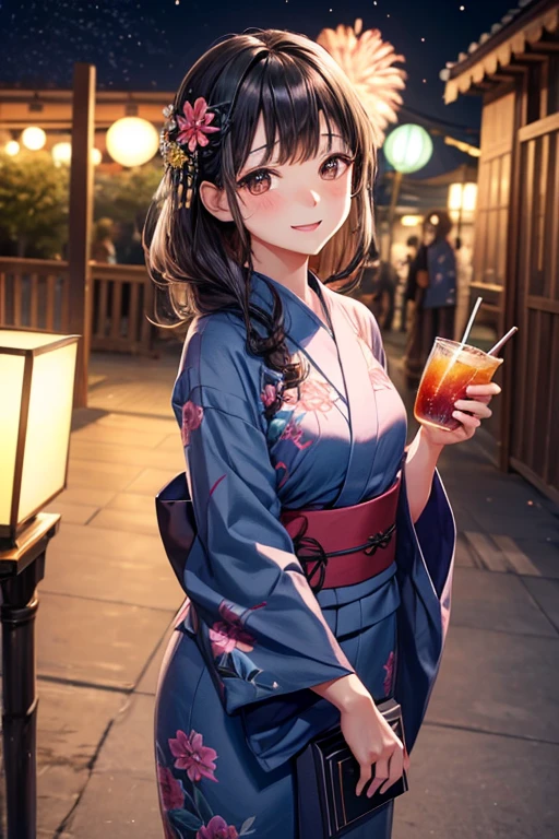 One adult woman,Small ,Black Hair,Medium Long,flower_hair ornaments,Dark brown eyes,light blue_yukata,flower柄_yukata,night,firework,blush,A big smile,Holding a drink