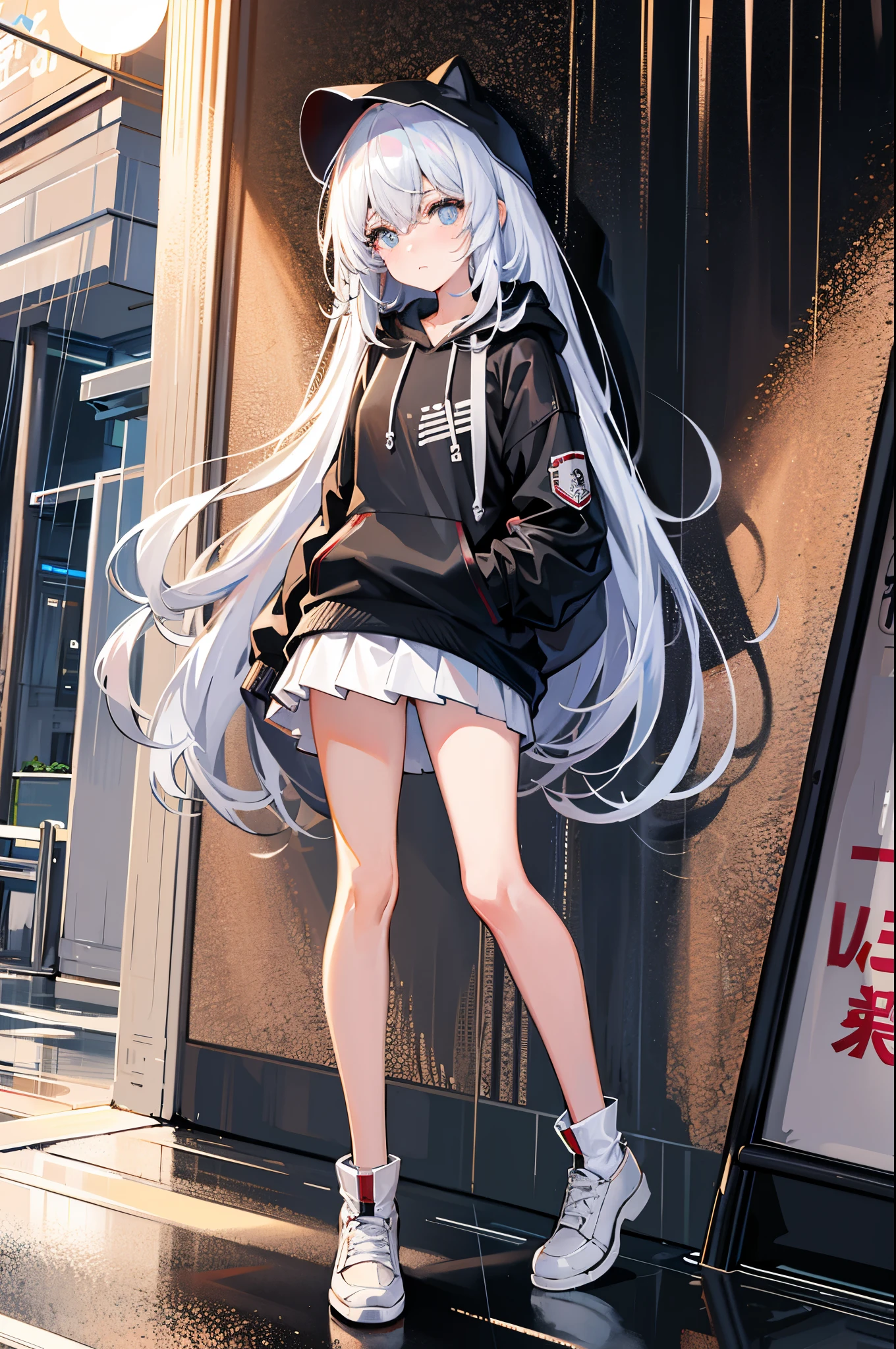(tmasterpiece,best qualtiy:1.3),extremly high detail,complex,8k,独奏,Clear eyes,The expression is sad,the wallpaper,cinmatic lighting,hoody, Short pleated skirt, the street, exteriors,heavy rain, neonlight