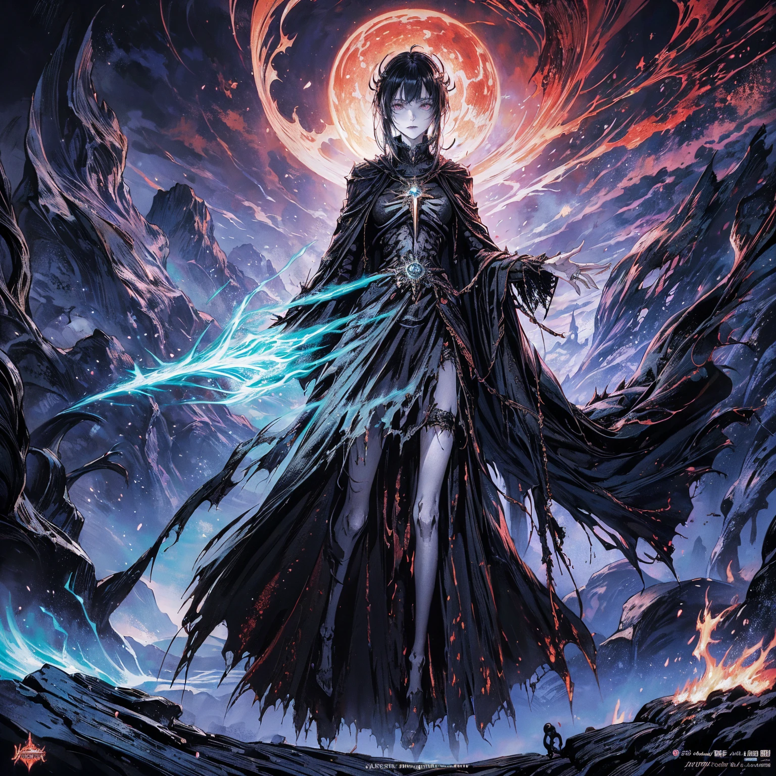 (full body shot:1.5), (Wide-angle lens:1.2), best quality, 4K, high resolution, (masterpiece:1.2), Very detailed, (current:1.37), (Anatomically correct:1.2), Mood lighting, Undead girl in a long cloak, black hair, Whole body including hands & arms & leg & The feet are full of skeleton bones, Except for the head, Still a beautiful face, Wearing a tattered gothic skirt, A sense of alienation, Dangerous sneer, Smiling and crying, Dark Force (StarWar), cast Force lightning from fingertips, Facing the camera, Pitch black sky, Blood red moon, strange atmosphere, Gothic style, Unforgettable beauty, Dramatic shadows, Ethereal Light, Mysterious atmosphere, Resurrection from the grave, The Black Magic, Raised Dead, Anime characters with black hair, Detailed cover design, Anime epic artwork, detailed key anime art, Be focused, dark fantasy artwork, Anime Fantasy Artwork, Official artwork with high detail, Dark Witch Panorama, Lich Vecna (d&d)