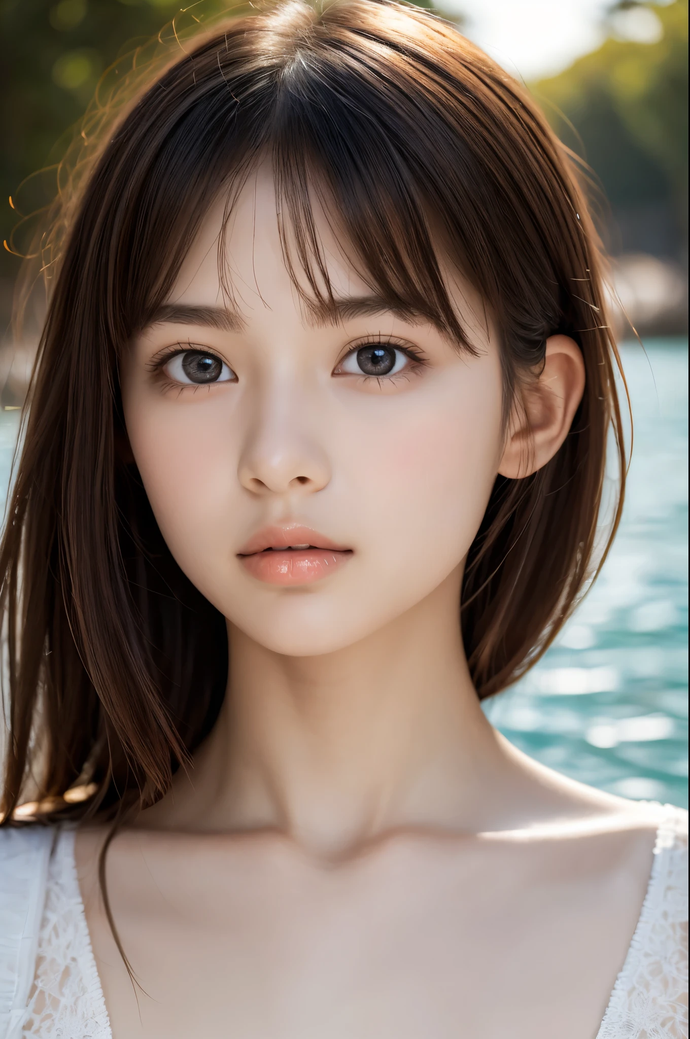 One Girl，(1人のとてもcute女の子:1.3)，masterpiece，Highest quality，High resolution，From below，Low - Angle，Photorealistic，RAW Photos，Ray Tracing，Physically Based Rendering，beautiful girl，(:1.3)，cute，Big eyes，(detailed pupils:1.2)，(The face is facing straight ahead:1.3)，Body facing forward，Beautiful nose，High nose，Upturned nose，Fuller lips，Short black hair，ponytail，short hair，Detailed eyelashes，Thin eyebrows，Very fine grain definition，(Symmetrical eyes，Golden Ratio:1.3)，(Face close-up，Face Focus:1.0)，Small breasts，Short neck，White swimsuit，White Bikini，The background is the sea，Southern Island，sunset，Sunset，Portrait，View Viewer，Upper Body，Cinema Lighting，High resolution，Very detailed