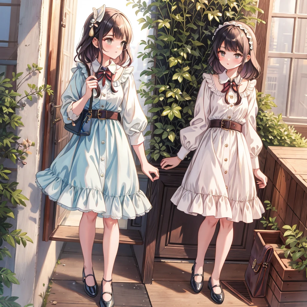 //Character
1girl,
BREAK
//Fashions
Vintage Chic Puff Sleeve Shirt Dress
Design,Fabric, Soft, lightweight cotton in a vintage floral print with pastel hues,
Silhouette, A-line dress with a fitted bodice and a slightly flared skirt that falls just above the knee,
Sleeves, Dramatic puff sleeves with lace trim at the cuffs, adding a romantic, old-world charm,
BREAK
Details,
Collar, Peter Pan collar with delicate lace edging,
Buttons, Pearl buttons running down the front, complementing the vintage aesthetic,
Waist, Cinched with a narrow belt in matching fabric, featuring a small bow at the center,
Accessories,
Shoes, Classic Mary Jane flats in a coordinating pastel color,
Headpiece, A dainty headband adorned with small faux pearls and floral accents,
Bag, Miniature satchel in a matching pastel shade with floral embroidery,
BREAK