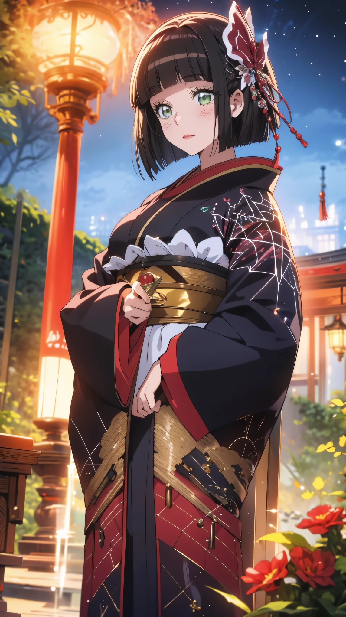 (Highest quality),(masterpiece), 8k,Very detailed, Detailed light, Best Shadow,Detailed reflective eyes, Beautiful Eyes, Very detailedな顔,Shiny Hair,sexy,Big Breasts,Charm,One person,Gloss,semi-long,Black Hair,Iris,kimono,黒色のkimono,,enchanting,Expressionless,Blushing,Enchanting,Beautiful fingers,Beautiful hands,Refers to 5 books,hair ornaments,whole body,shrine,front,On a journey to another world led by the moon,my,Mio,High exposure,