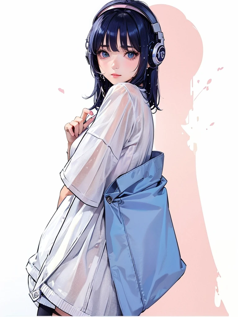 Beauty, High nose, Long eyelashes, 目にLight, Pink Lips, Closed Mouth, blue, Light, Fluttering Hair,Big eyes, Inner color hair, turn around, Get wet, short hair, cute, 30 years old, glossy, charm, Real, null,Big white t-shirt, Gray Hair,headphone