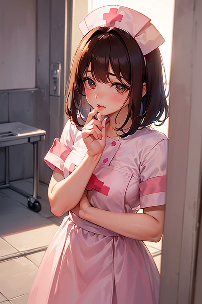 Highest quality, masterpiece, Ultra-high resolution, Realistic, RAW Photos, Intricate details, Portraiture, Big beautiful brown eyes:1.2, Perfect contours, break　((from the front, Close-up of the mouth:1.2, Upturned eyes:1.2)), ((One Girl:1.2))、(chibi girl:1.2), Brown Hair、Bob:1.2, (natural makeup:1.2, parted lips, full lips:1.3, pink lips:1.2, shiny lips:1.2), break　(nurse:1.2), (White nurse uniform), (The background is a hospital room:1.2、The morning light is dazzling)