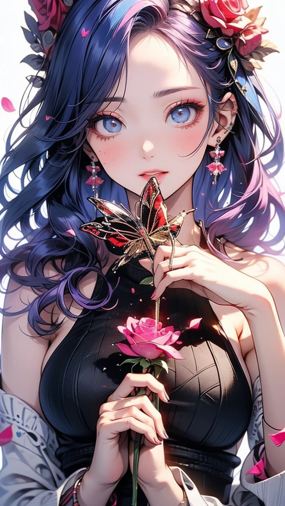 ((masterpiece)), (Highest quality))),Very detailed, Seductive erotic woman sweating, (Very delicate and beautiful face), (Beautiful eyes in every detail),Breasts covered in rose petals, (Big Breasts, pink/Blue Hair), Focus on the face, Focus on the face, Complex eyes,Elaborate decoration,