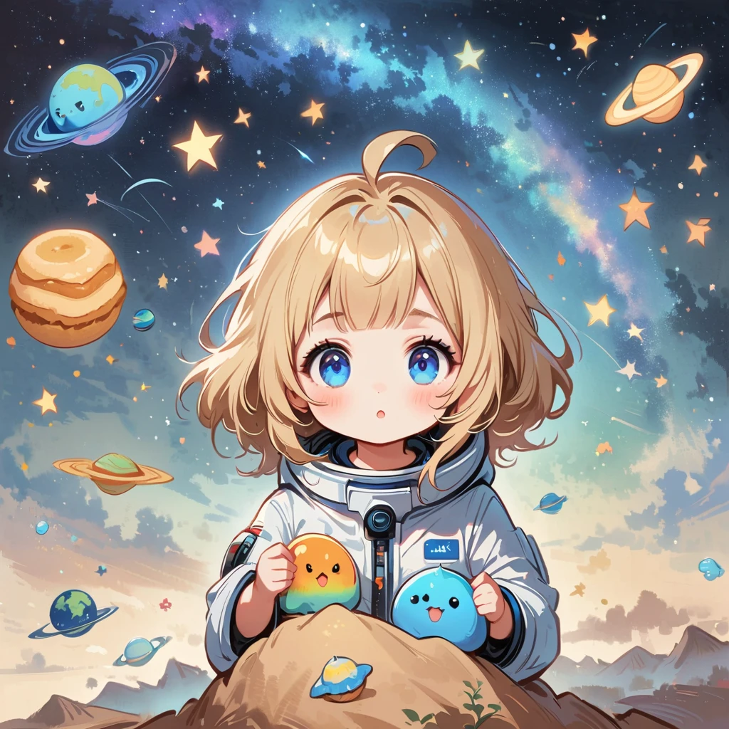 เด็กสาวgolden hairนั่งอยู่ในชุดอวกาศที่ลอยอยู่ในอวกาศ,golden hair, blue eyes, Surrounded by the Milky Way, universe , Cutely. Eat snacks, meet aliens, girl sit in spacesuit floating in space,glabrous, surrounded by the Milky Way, the universe , cutely, Babyhair is golden color, golden hair.