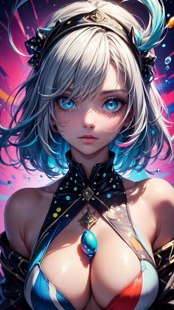 (((masterpiece))),(((Highest quality))),((Very detailed)),(figure),(Dynamic Angle), ((floating)),(paint),((Disheveled Hair)), (alone),(One girl), ((Mid-chest)), (((Detailed anima face))),((Beautifully detailed face)),collar,Exposing shoulders,  Gray Hair, ((Colorful Hair)),((Striped Hair)), Beautiful attention to detail,(Gradient color eyes),(((Colorful eyes))), (((Colorful background))),(((High saturation))),(((Surrounded by colorful splashes))),(((Surrounded by colorful dots))),Colorful Bubbles,((The Shining))