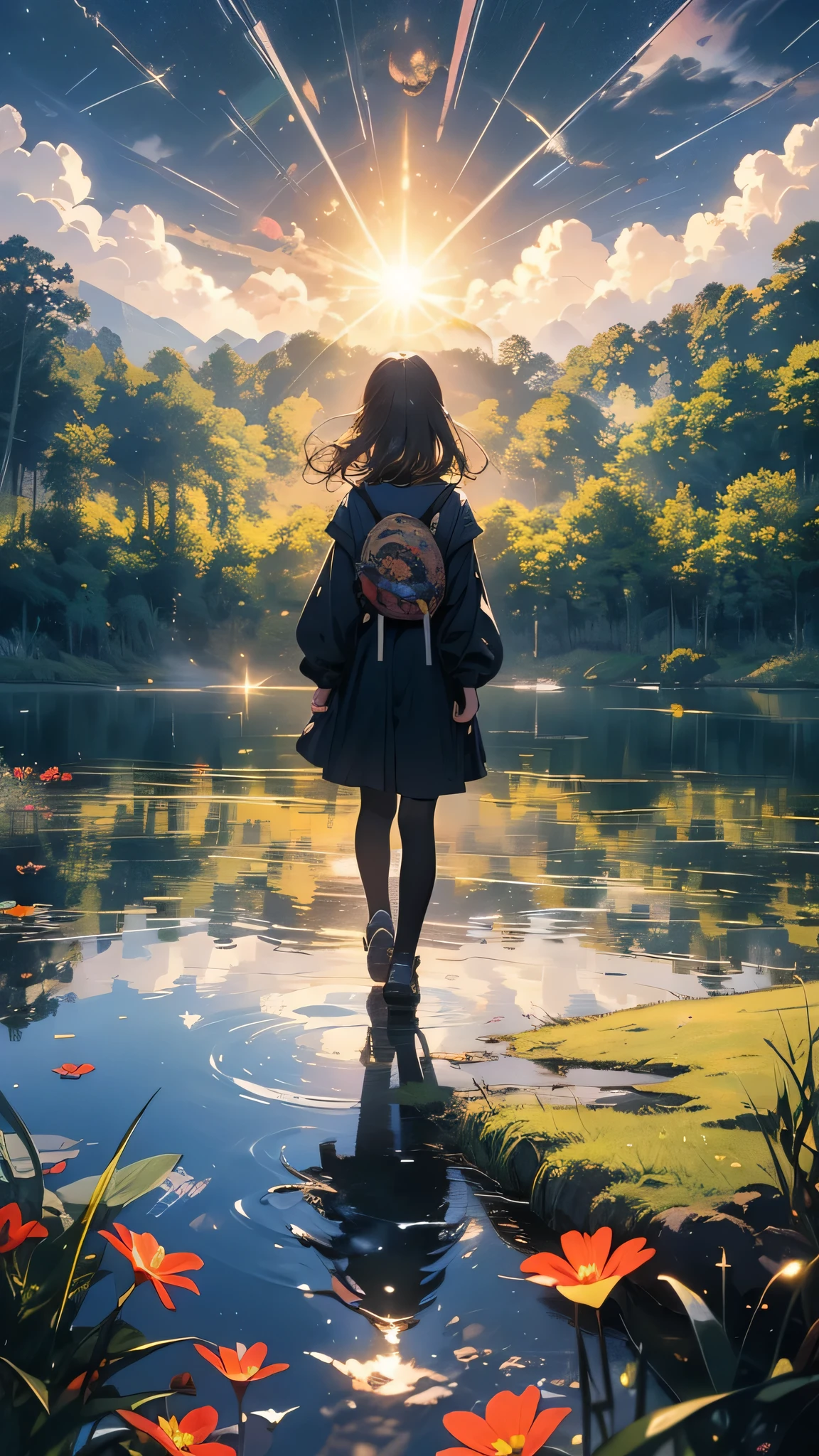 (((masterpiece))),(((Highest quality))),((Very detailed)),Rear view, Look at the sun, 空にはuniverse船がある, three suns, Black Hair Girl, , Standing in the grassland, landscape, universe, 8k, Super Detail,Stand 20 meters away,