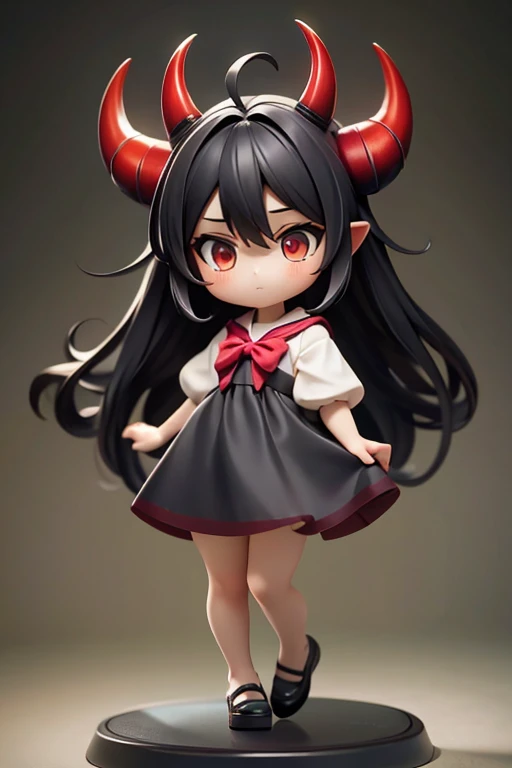 Young Girl,,Wearing a one-piece dress,Mini character,Red eyes,Black Hair,Long Hair,Dark atmosphere,Deformed character,Horns growing,Ahoge,Pale skin,eyes are half closed,Troubled face
