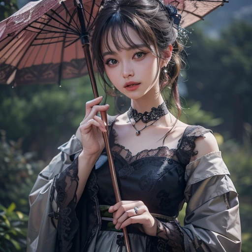 A woman holding a parasol stands on top of a hill、Gothic Dress、青空と雲1 girl, Highest quality, masterpiece, Ultra-high resolution, (Realistic:1.4), RAW Photos, 1 girl, Cinema Lighting,((Highest quality、masterpiece、8k、Best image quality、Ultra-high resolution、Award-winning works)、(Accurate anatomy:1.1)、Highly detailed face、Attention to detail、double eyelid、Sharp focus:1.2、Beautiful woman:1.4、Highest quality、masterpiece、Ultra-high resolution、(Realistic:1.4)、Highly detailed and professionally lit smiles、Serious expression、Two Arms, Complete Hそして, Beautiful body, Beautiful fingers, Normal finger, Five Fingers, Five Fingers, (Thumb Index Finger Ring Finger), Beautiful ears、 Normal ear, Beautiful Eyes, Shining Eyes, Beautiful mouth, Beautiful Lips,