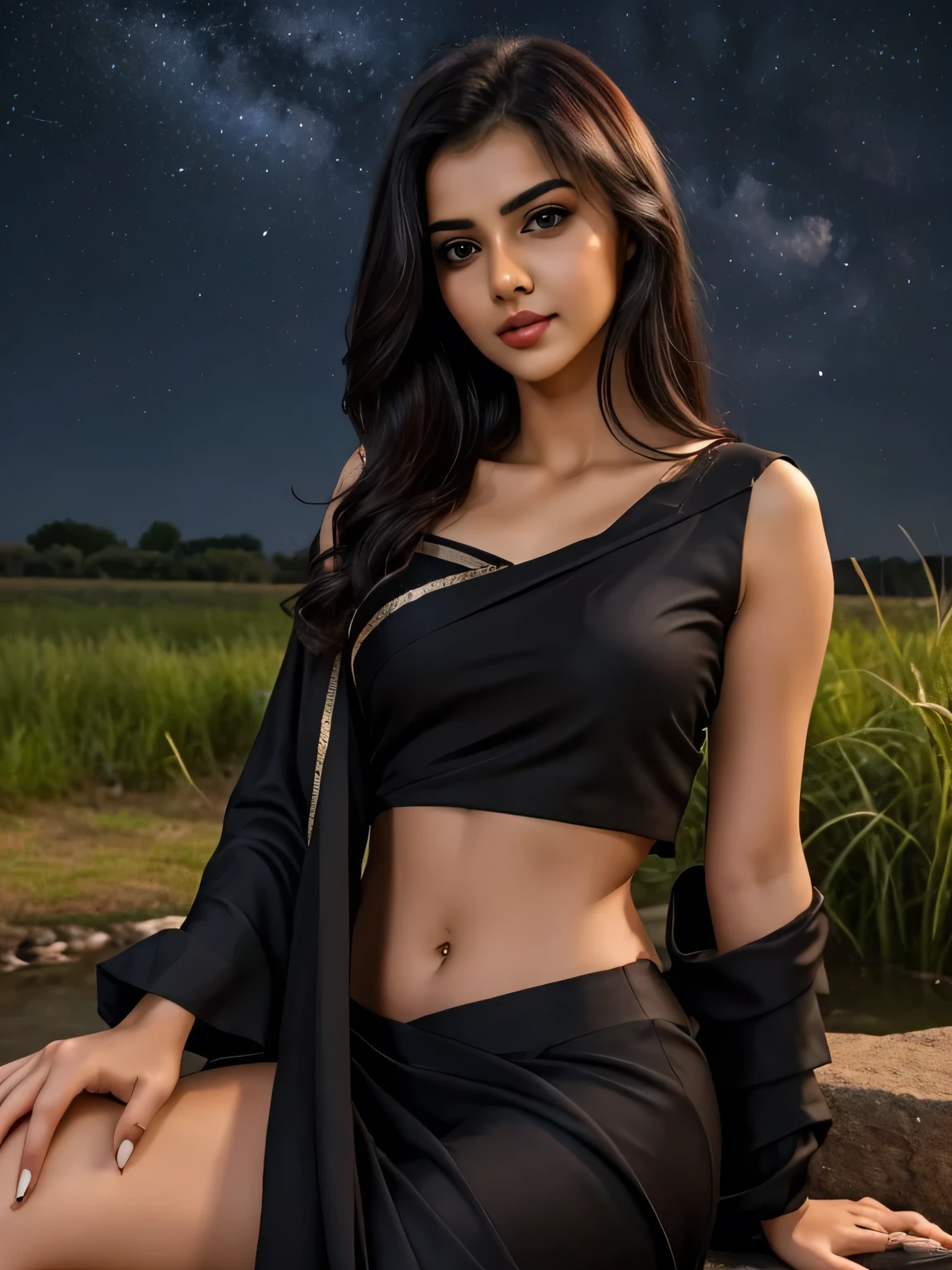 sexiest and hottest girl ever exist,hot seductive face,in sucha cute sexy black saree outfits,visible hot deep navel,sexy curves,dark hair,calm nature,beautiful dark Sky,sexy,  clothes,sex godess
