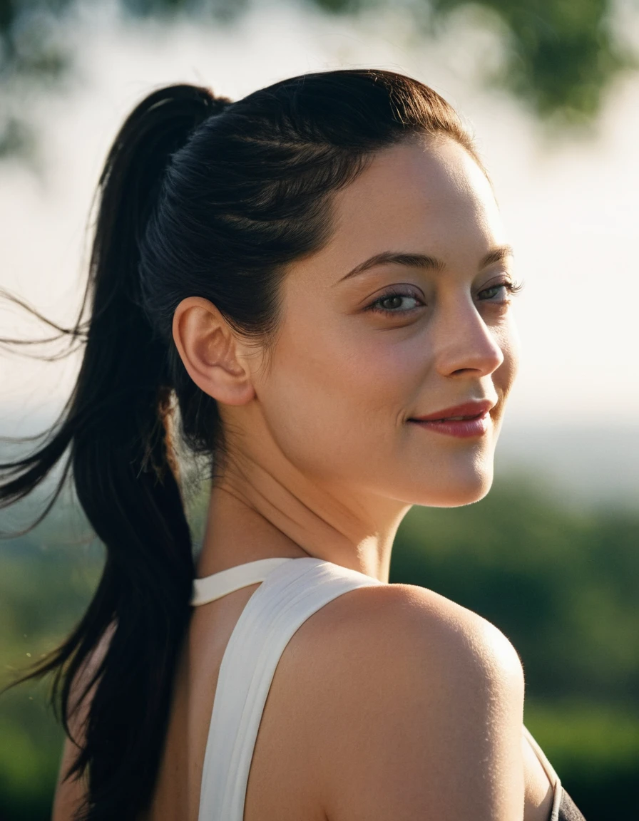 Upper body of a beautiful cute long face Japanese girl, happy smiling, still from the film, ((young Marion Cotillard face : 1.2)), ((young Anne Hathaway face: 1.0)), side shot, portrait photo of a cute 25 y.o woman, looks at viewer, full lips, natural skin, skin moles, stormy weather, (cinematic, film grain:1.1), ((asian winged eyes, very long and slender slim face, windy tousled, long straight black ponytail, cropped top)), Leica SL3, Summicron-SL 75mm ASPH, F/2, (cinematic still:1.2) Kodak Gold 200 film, bokeh, rim lighting, silhouette, shallowed depth of field, dynamic hands up,