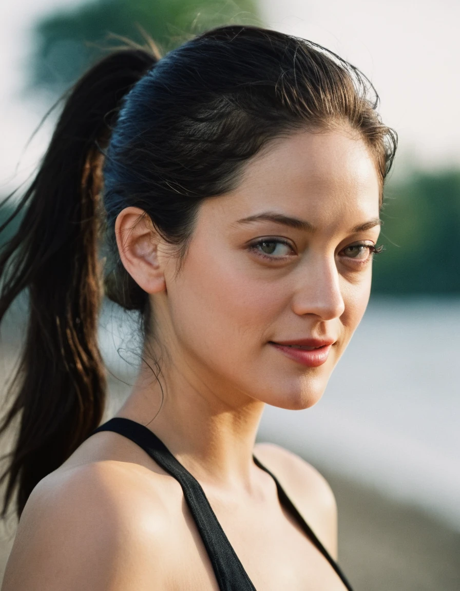 Upper body of a beautiful cute long face Japanese girl, happy smiling, still from the film, ((young Marion Cotillard face : 1.2)), ((young Anne Hathaway face: 1.0)), side shot, portrait photo of a cute 25 y.o woman, looks at viewer, full lips, natural skin, skin moles, stormy weather, (cinematic, film grain:1.1), ((asian winged eyes, very long and slender slim face, windy tousled, long straight black ponytail, cropped top)), Leica SL3, Summicron-SL 75mm ASPH, F/2, (cinematic still:1.2) Kodak Gold 200 film, bokeh, rim lighting, silhouette, shallowed depth of field, dynamic hands up,
