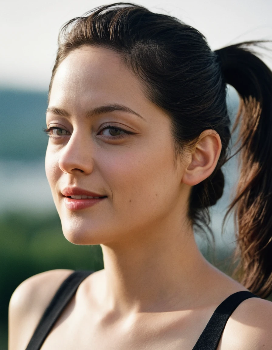 Upper body of a beautiful cute long face Japanese girl, happy smiling, still from the film, ((young Marion Cotillard face : 1.2)), ((young Anne Hathaway face: 1.0)), side shot, portrait photo of a cute 25 y.o woman, looks at viewer, full lips, natural skin, skin moles, stormy weather, (cinematic, film grain:1.1), ((asian winged eyes, very long and slender slim face, windy tousled, long straight black ponytail, cropped top)), Leica SL3, Summicron-SL 75mm ASPH, F/2, (cinematic still:1.2) Kodak Gold 200 film, bokeh, rim lighting, silhouette, shallowed depth of field, dynamic hands up,