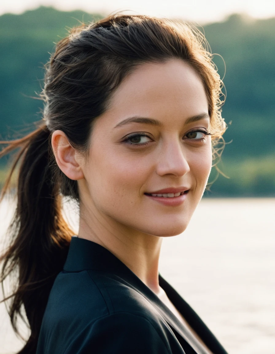 Upper body of a beautiful cute long face Japanese girl, happy smiling, still from the film, ((young Marion Cotillard face : 1.2)), ((young Anne Hathaway face: 1.0)), side shot, portrait photo of a cute 25 y.o woman, looks at viewer, full lips, natural skin, skin moles, stormy weather, (cinematic, film grain:1.1), ((asian winged eyes, very long and slender slim face, windy tousled, long straight black ponytail, cropped top)), Leica SL3, Summicron-SL 75mm ASPH, F/2, (cinematic still:1.2) Kodak Gold 200 film, bokeh, rim lighting, silhouette, shallowed depth of field, dynamic hands up,