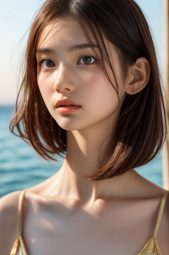 One Girl，(1人のとてもcute女の子:1.3)，masterpiece，Highest quality，High resolution，From below，Low - Angle，Photorealistic，RAW Photos，Ray Tracing，Physically Based Rendering，beautiful girl，(:1.3)，cute，Big eyes，(detailed pupils:1.2)，(The face is facing straight ahead:1.3)，Body facing forward，Beautiful nose，High nose，Upturned nose，Fuller lips，Short black hair，ponytail，short hair，Detailed eyelashes，Thin eyebrows，Very fine grain definition，(Symmetrical eyes，Golden Ratio:1.3)，(Face close-up，Face Focus:1.0)，Small breasts，Short neck，White swimsuit，White Bikini，The background is the sea，Southern Island，sunset，Sunset，Portrait，View Viewer，Upper Body，Cinema Lighting，High resolution，Very detailed