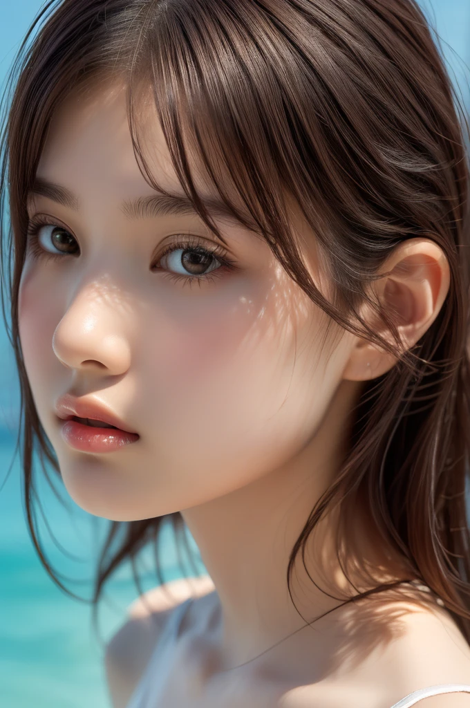 One Girl,(1人のとてもcute女の子:1.3),masterpiece,Highest quality,High resolution,From below,Low - Angle,Photorealistic,RAW Photos,Ray Tracing,beautiful girl,(15 years old:1.3),cute,Big eyes,(detailed pupils:1.2),(The face is facing straight ahead:1.3),Body facing forward,Beautiful nose,High nose,Upturned nose,Fuller lips,Short black hair,ponytail,short hair,Detailed eyelashes,Thin eyebrows,Very fine grain definition,(Symmetrical eyes:1.3),(Face close-up,Face Focus:1.0),Small breasts,Short neck,White swimsuit,White Bikini,The background is the sea,Southern Island,sunset,Sunset,Portrait,View Viewer,Upper Body,Cinema Lighting,High resolution,Very detailed