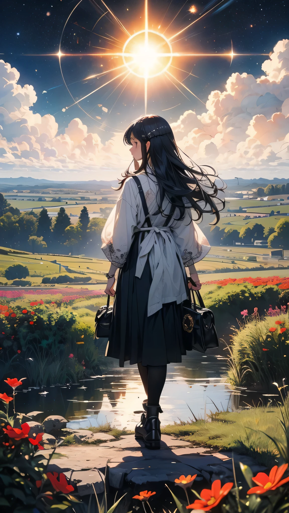 (((masterpiece))),(((Highest quality))),((Very detailed)),Rear view, Look at the sun, 空にはuniverse船がある, three suns, Black Hair Girl, , Standing in the grassland, landscape, universe, 8k, Super Detail,Stand 20 meters away,