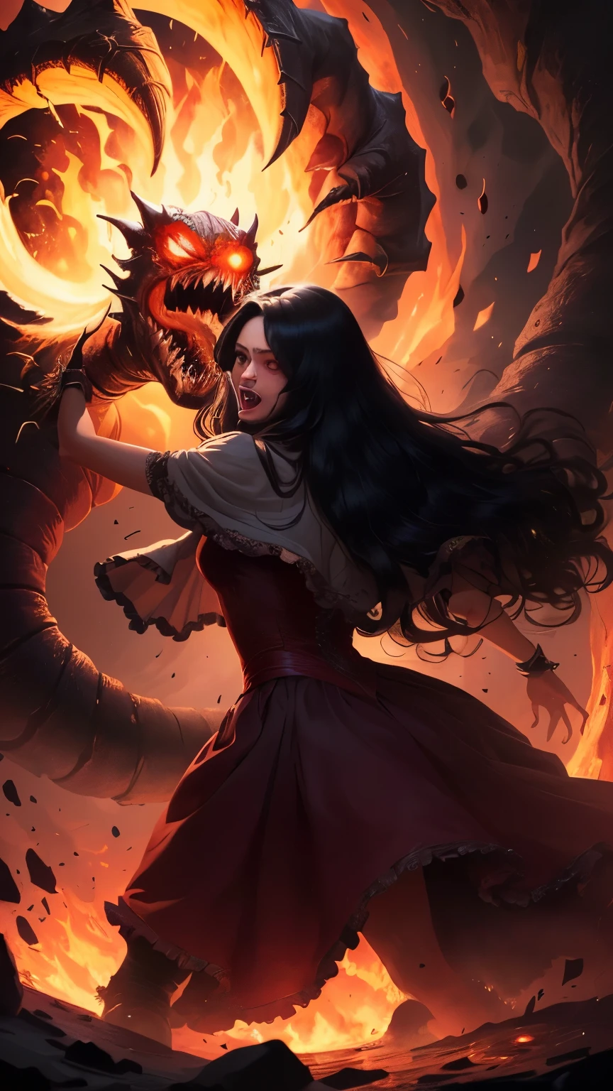 ((best quality)), ((masterpiece)), (detailed), A digital illustration of a long black haired women wearing a peach color princess dress throwing the head of a giant monster made up of writhing worms, with sharp teeth and glowing red eyes.The background is lava