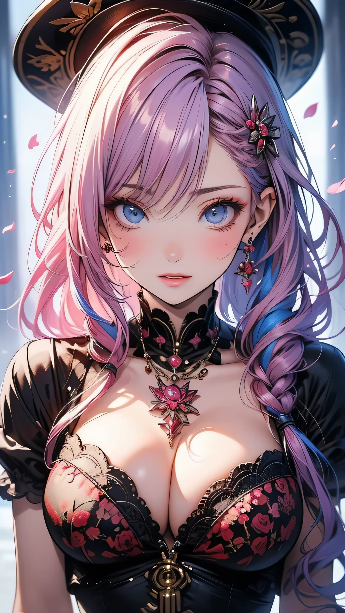 ((masterpiece)), (Highest quality))),Very detailed, Seductive erotic woman sweating, (Very delicate and beautiful face), (Beautiful eyes in every detail),Breasts covered in rose petals, (Big Breasts, pink/Blue Hair), Focus on the face, Focus on the face, Complex eyes,Elaborate decoration,